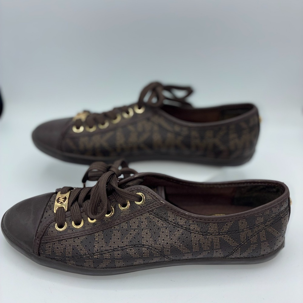 Michael Kors Lace Up Sneakers Brown MK Signature Logo Size 7 AS-IS Flaw